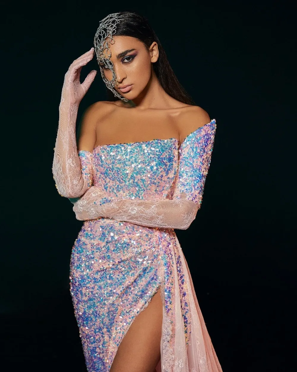 Colorful Shiny Pink Sequined Prom Dresses 2021 Sexy Off The Shoulder High Split Lace Prom Gowns With Long Gloves pretty prom dresses
