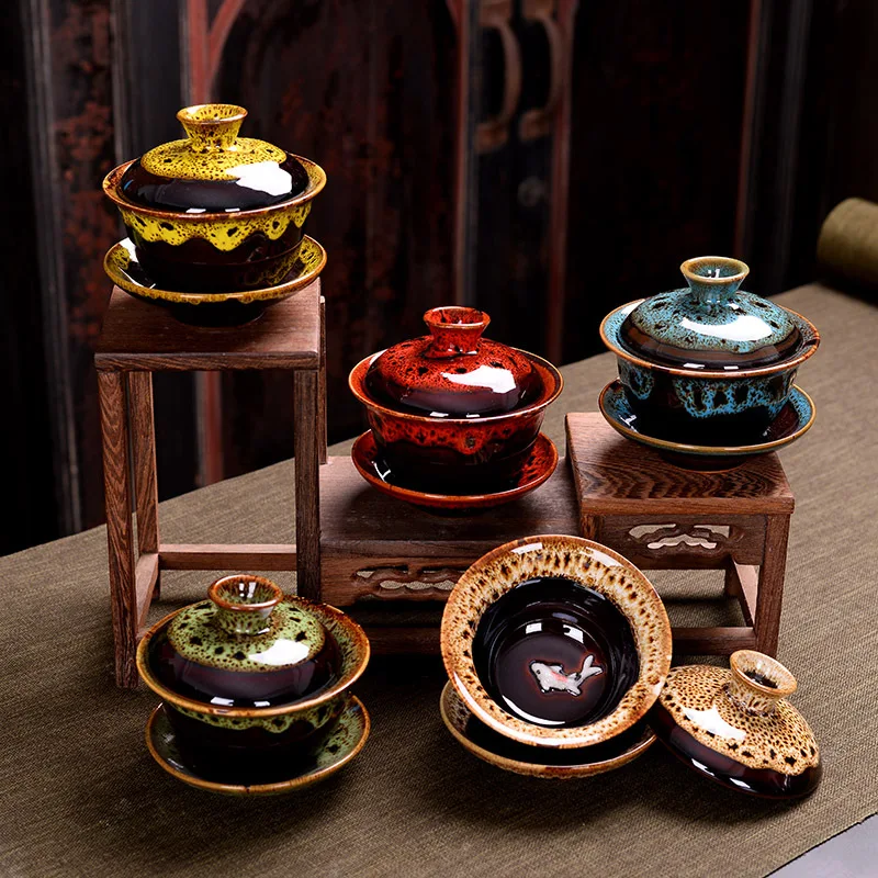 Китайский чайный набор Gaiwan рыба кунг фу чай в печи меняющий Gai wan многоцветная