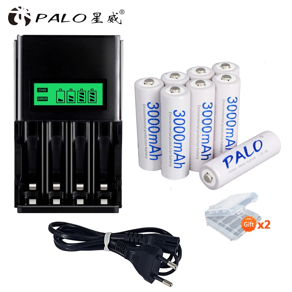 Аккумуляторные батарейки Palo 8 шт. 3000 мАч 1 2 в Nimh AA для камер игрушек Mp4 + 4 слота ЖК
