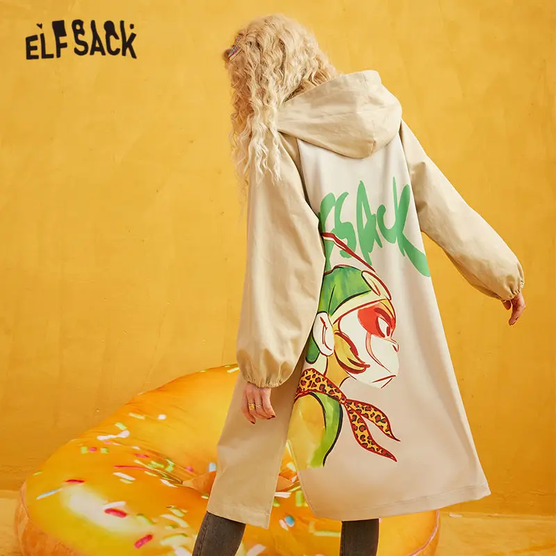 ELFSACK, хаки, с животным принтом, Женский Тренч, пальто, осень, с рукавом Бишопа, с поясом, корейское пальто для женщин
