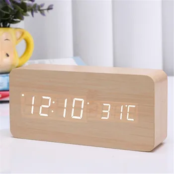 

Modern Digital LED Alarm Clock Sound Control Wooden Despertador Desktop Clock Humidity Temperature Display