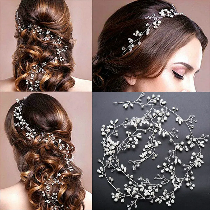 

35cm Fashion Crystal Pearl Hair Belt Wedding Bridal Hair Ornaments Hair Jewelry Decorations for Brides Wedding Hair Accessories