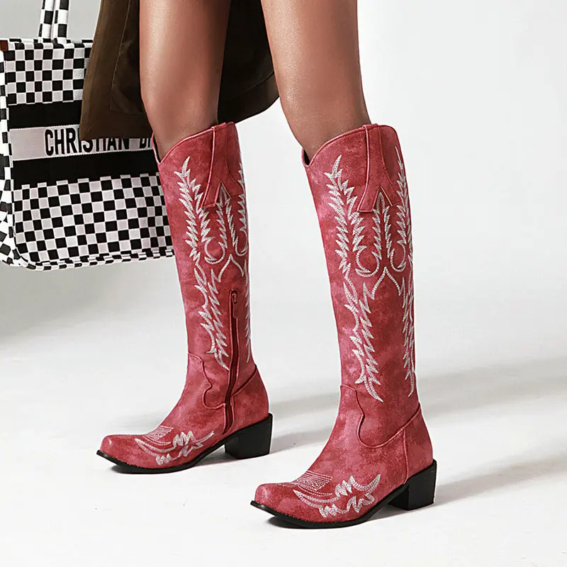 

2019 Fashion Western Cowboy Knee High Boots Women Boots Faux Leather Low Heel Long Boots Zipper Autumn Winter Plush Woman Shoes