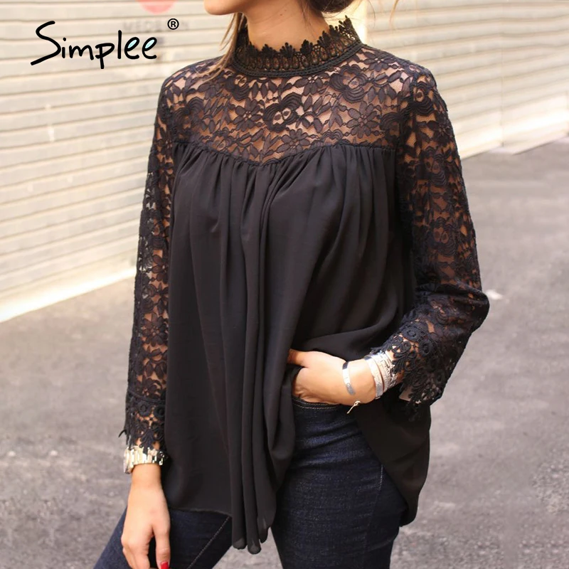 Simplee Sexy black lace women blouse 