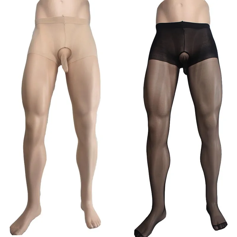 Male Sissy Fetish Mens Sheer Pantyhose Tights Stockings with Crotch Sheath Erotic Fantasy Lingerie for Him Black and Beige