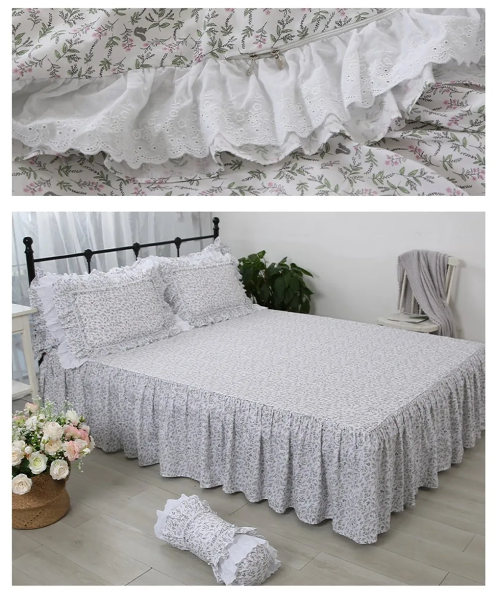 Princess modern pastoral floral ruffles luxury bedding set cotton lace embroidered thicken bedspreads ropa de cama bed skirt YYX