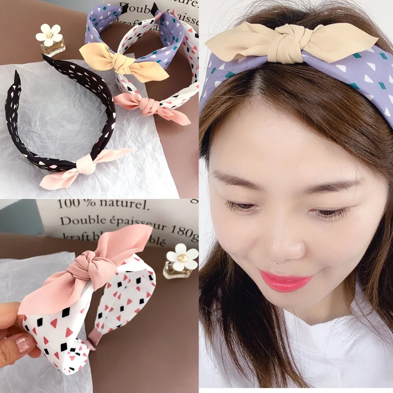 New Style Simple Triangular Printed Wide Mixed Colors Rabbit Eared Versatile Fresh Hair Bands Head Buckle Hair Accessories Headd