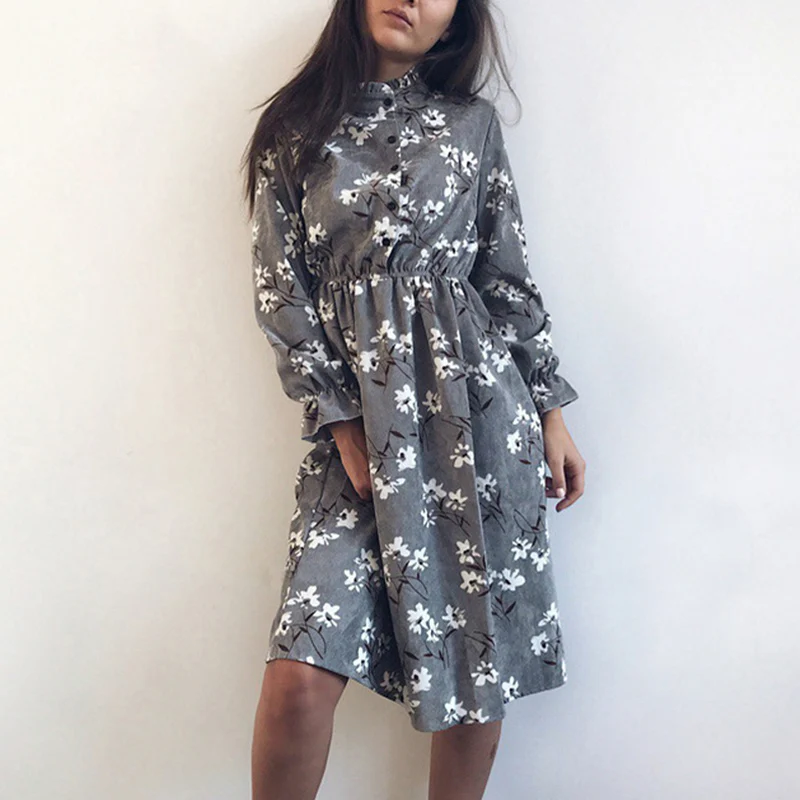 

Floral Print Lady Shirt Dress Corduroy Thick Winter Dress Women Autumn Dresses Vintage Casual long Sleeve Vestidos Female A-line