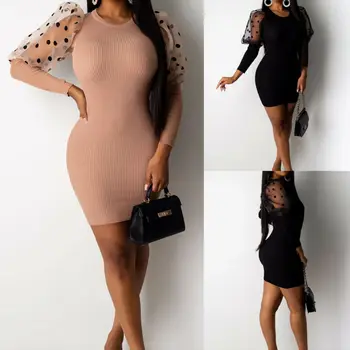 

Sexy Women's Sheer Mesh Polka Dot Long Sleeve Patchwork Slim Fashion Evening Party Bodycon Mini Dress