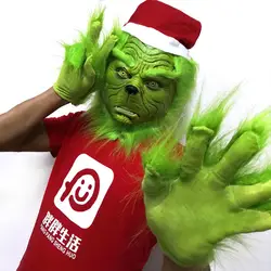 Рождество Geek зеленая маска для волос с витамином Е Гринч латексная маска с шляпка к Рождеству детские перчатки карнавальный костюм