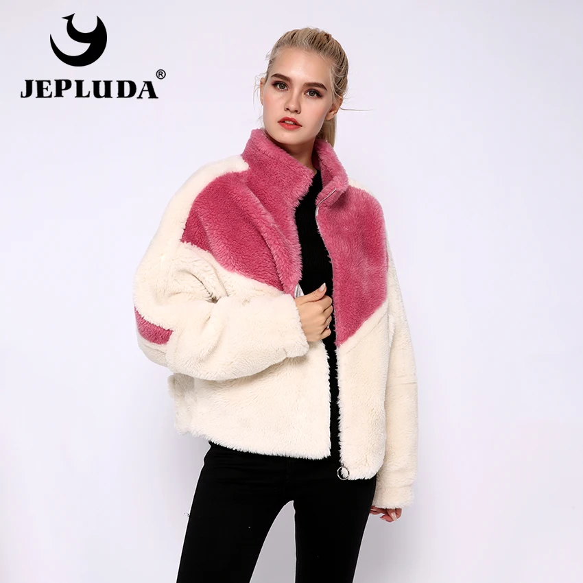 JEPLUDA Короткая меховая куртка женская зимняя на молнии с стоячим воротником