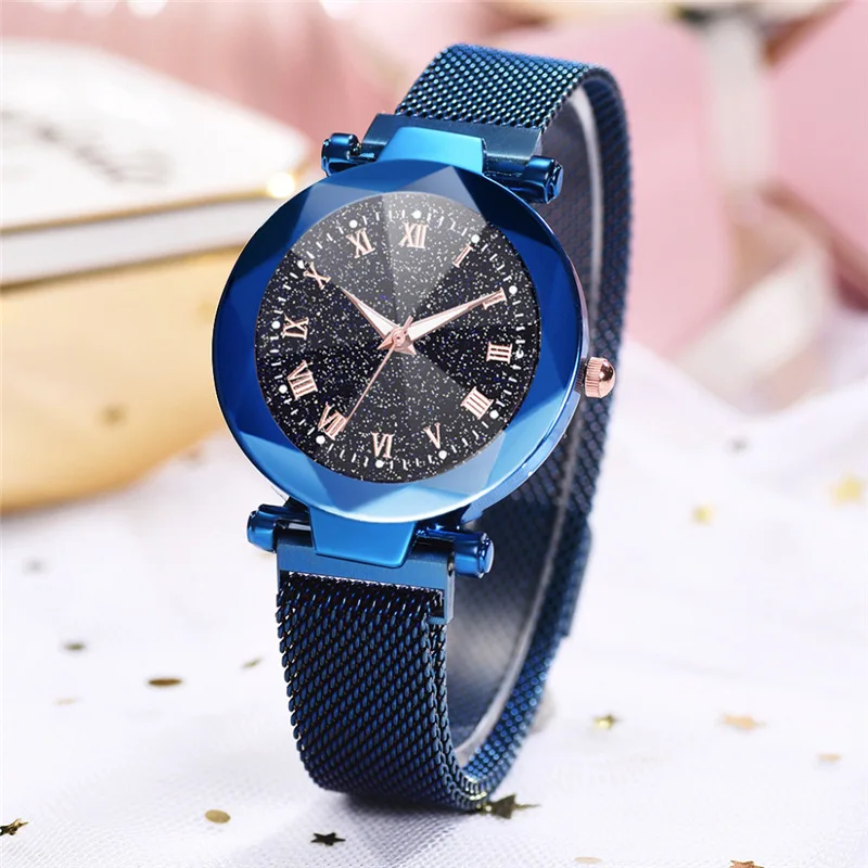 Blue Роскошные модные женские часы Звездное небо кварцевые часы светящиеся часы Роскошный Браслет ремешок Магнит пряжка часы reloj mujer - Цвет: Blue