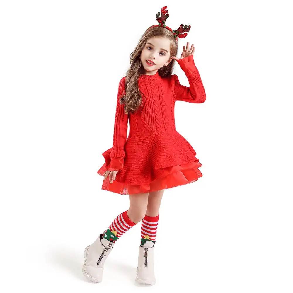 Хлопковое трикотажное платье с длинными рукавами для девочек на зиму, новогоднее праздничное платье-пачка красное рождественское платье, свитер Детские платья для девочек