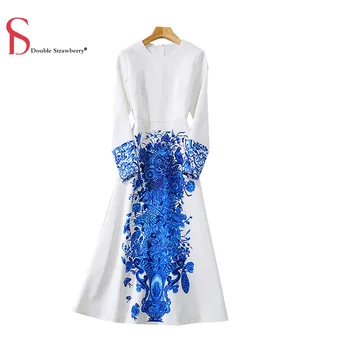 

Double Strawberry French Elegant Women's Cross-border New Blue and White Porcelain Print Waist Long-sleeved Party Dress