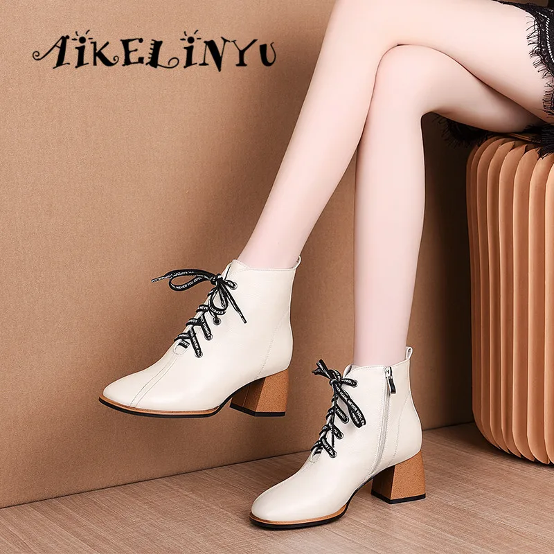 Aikelinyu/зимние ботинки; женские ботильоны с круглым носком; модные короткие женские ботинки на шнуровке и не сужающемся книзу массивном каблуке; женская обувь; большие размеры 33-43