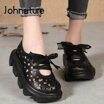 

Johnature Retro Women Sandals Genuine Leather Lace-up Women Shoes Casual Wedges 2020 New Summer Platform Hollow Ladies Sandals