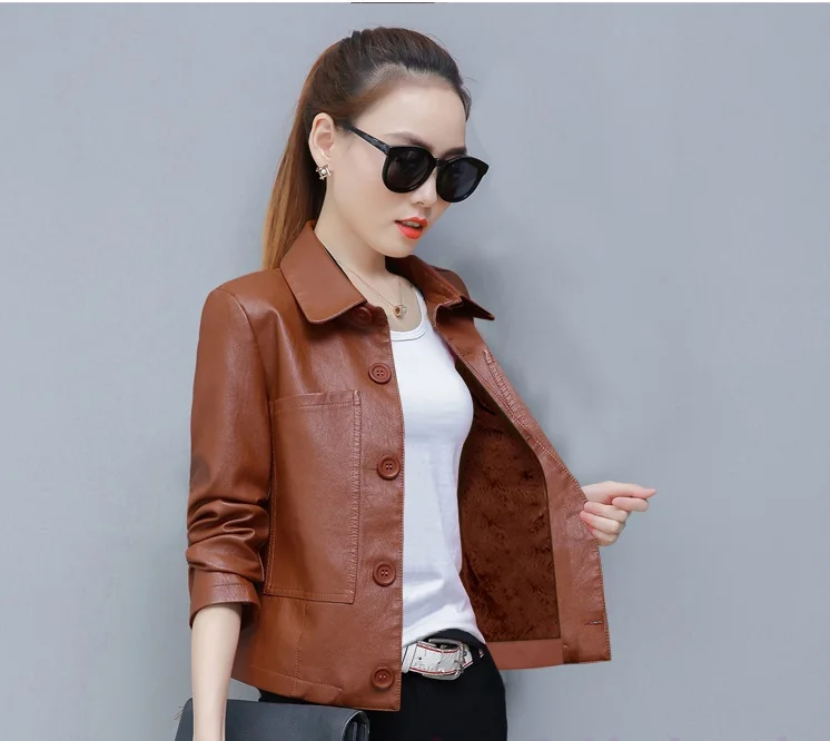 UHYTGF Leather Jacket Women Single-breasted PU Washed Leather Autumn Leather Coat Solid Color Wild Slim Short tops Big Size 827