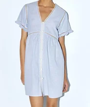 Striped Linen Dress with Lace V-Neck and Short Sleeves Front Button Closure Hollow Out Autumn Mini Dress Women navy lace hollow out short sleeves mini dresses with lace up design
