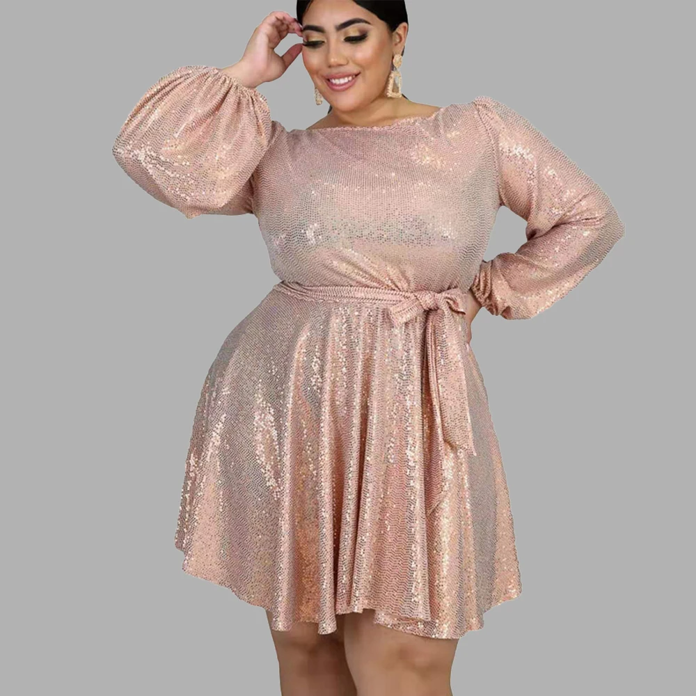 Plus Size Dress Women Party Dress Sequined Long Sleeve Slash Neck High