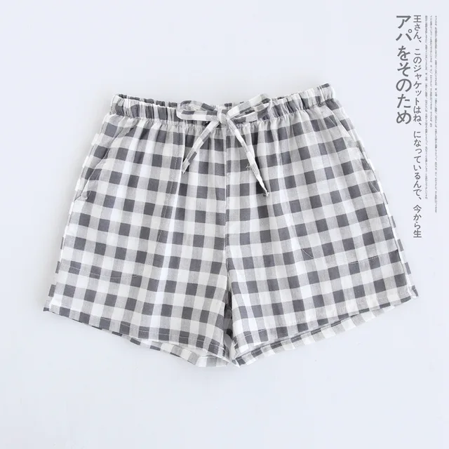 Couple pajamas summer cotton gauze shorts Japanese style simple elastic waist casual large size lattice men and women home pants Lady  gray grid