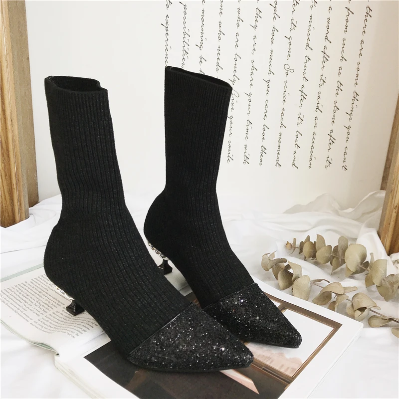 Женские туфли носки стразы на каблуке с котятами шерстяные вязаные полуботинки