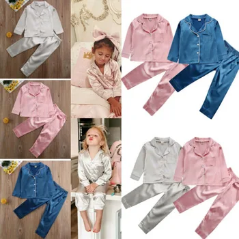 

2Pcs Kid Baby Silk Satin Pajamas Sleepwear Boy Girl Clothes Top Pants 1-7 Year