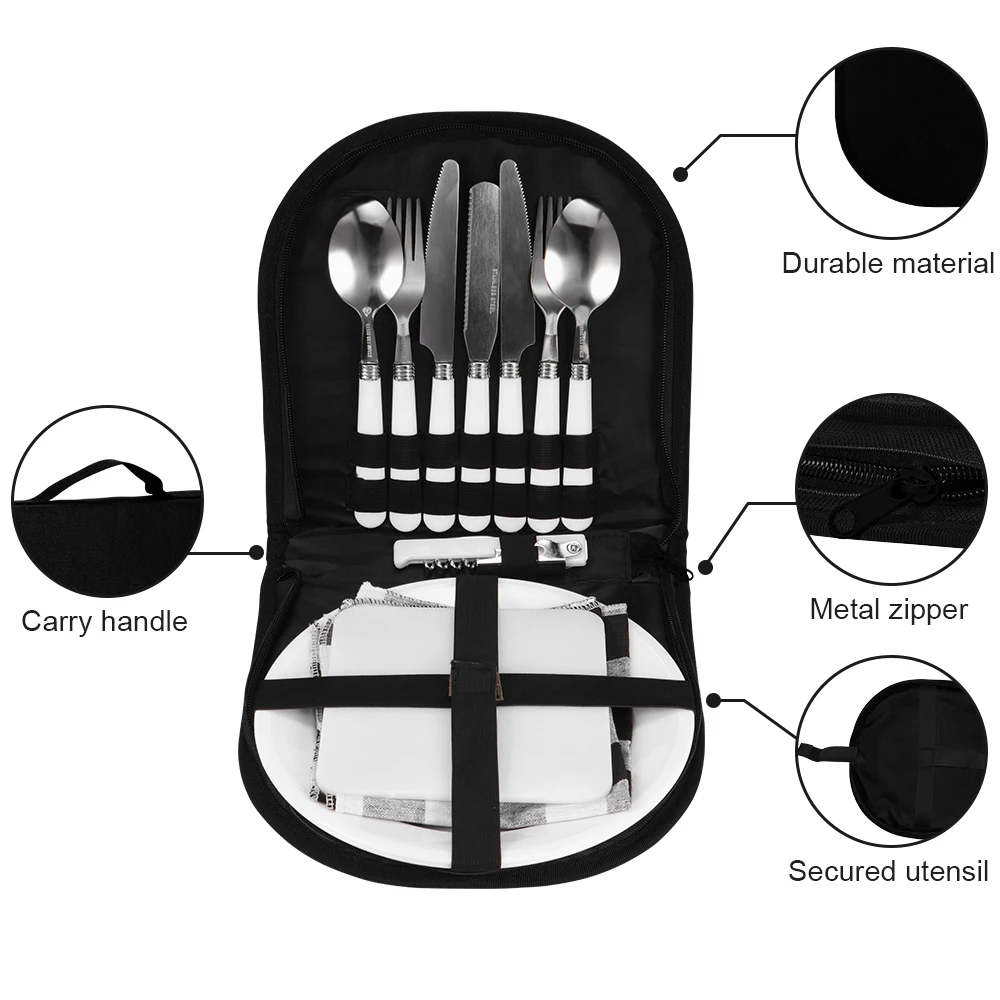

Camping travel tableware kit plate spoon bottle opener fork napkin hiking outdoor picnic barbecue travel tableware picnic set