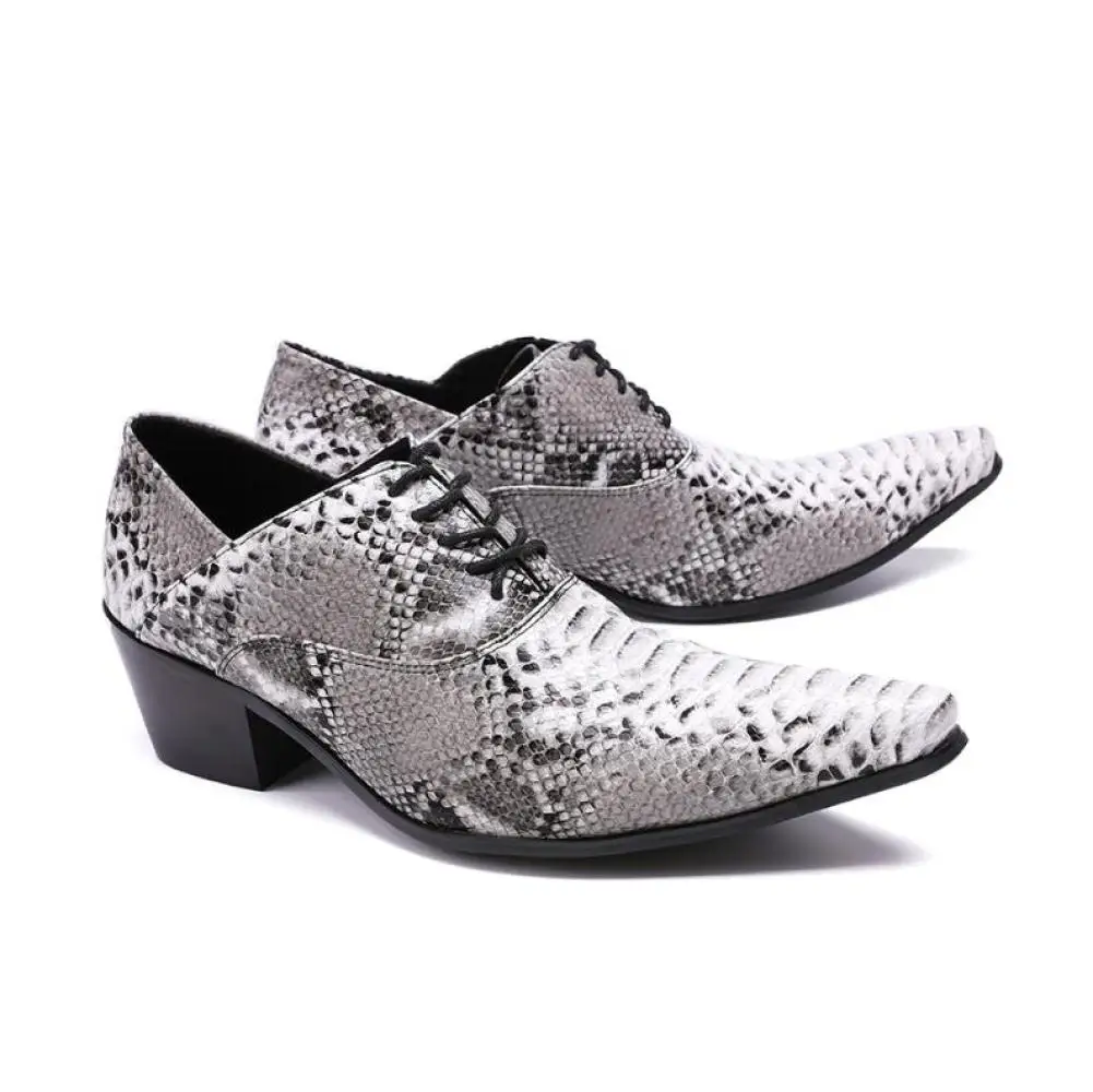 Pointed Snake Printed Leather Mens Casual Shoes Wedding Man Lace-up Heighten