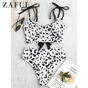 

ZAFUL Cow Print Tie Shoulder High Leg Bikini Swimsuit Animal Print Padded Two Pieces Suit Cute Leopard Print High Waisted Bikini
