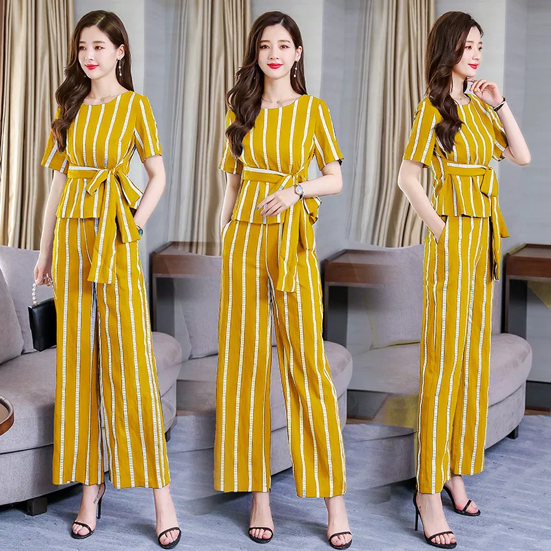 

Summer Wear 2019 New Style Set Elegant Elegant Stripes Large Size by Age Western Style Waist Hugging Slimming Loose Pants Two-Pi