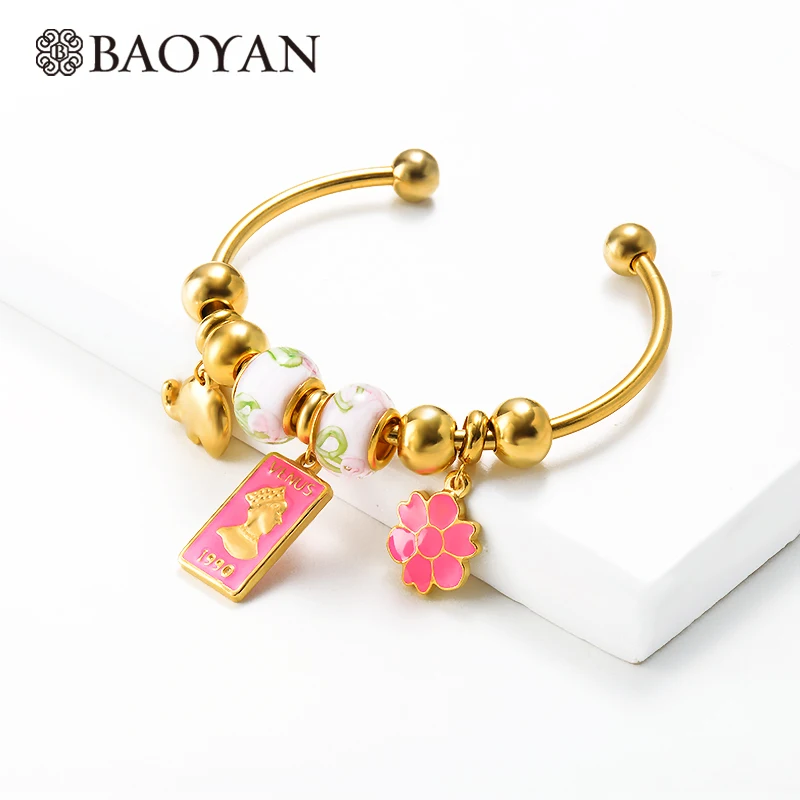 Baoyan, ручной работы, эмалированный браслет, позолота, нержавеющая сталь, открытые манжеты, браслеты, слон, сова, дерево, очаровательные браслеты для женщин