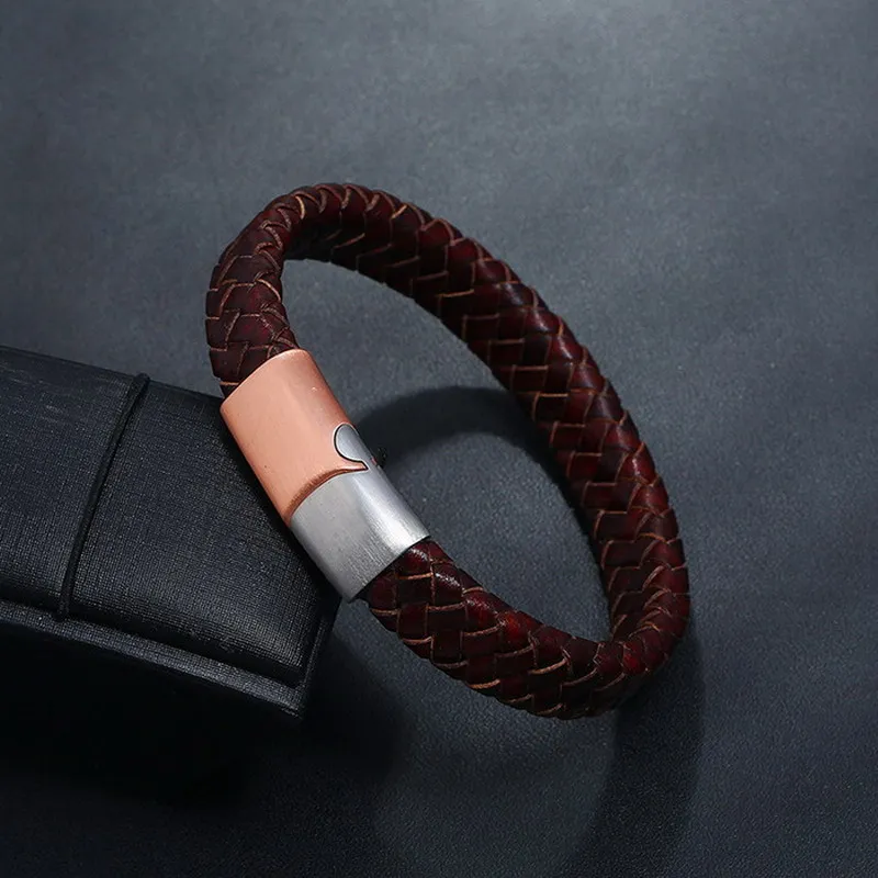 ST01813 New Classic Style Men Leather Bracelet Simple Black Brown Khaki Stainless Steel Button Neutral Accessories Hand-woven Jewelry - Окраска металла: ST01813