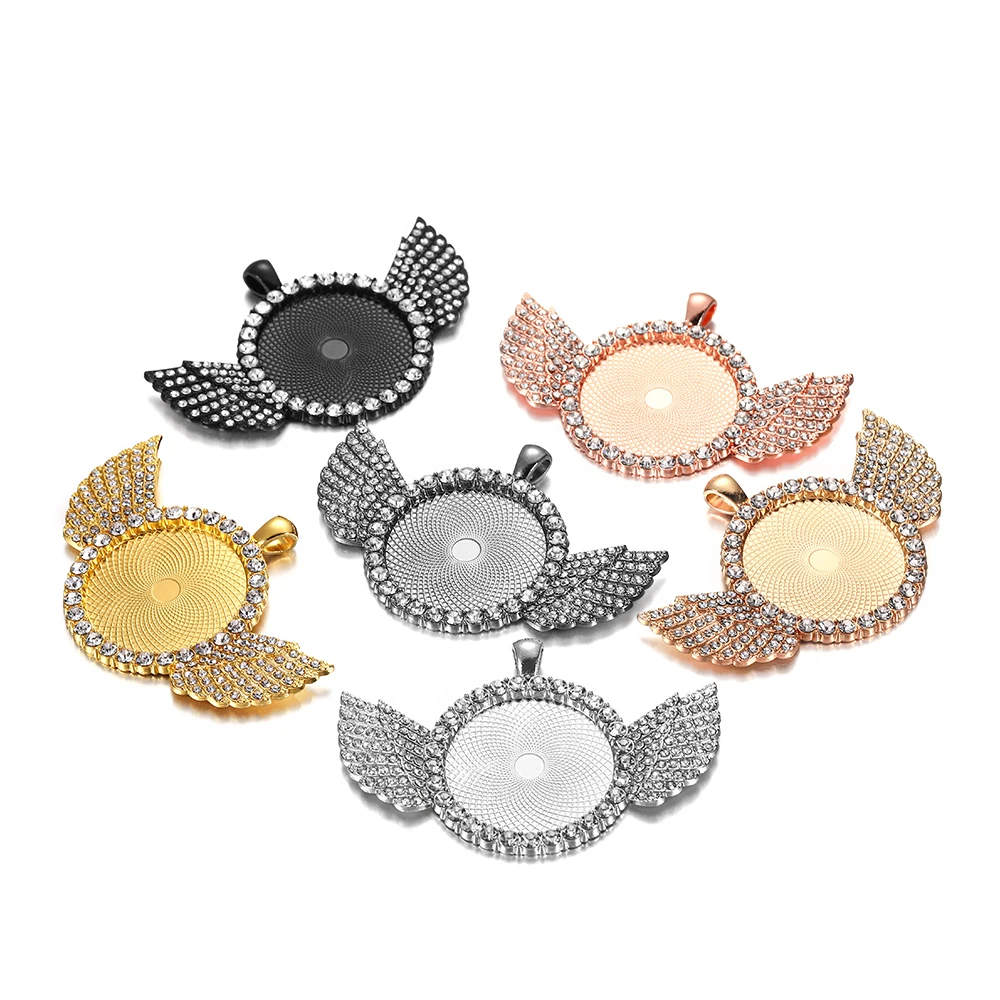

2pcs/lot 30mm Round Cabochon Pendant Base Diamond-Bordered Angel Wing Charm For DIY Necklace Jewelry Making Findings Accessories