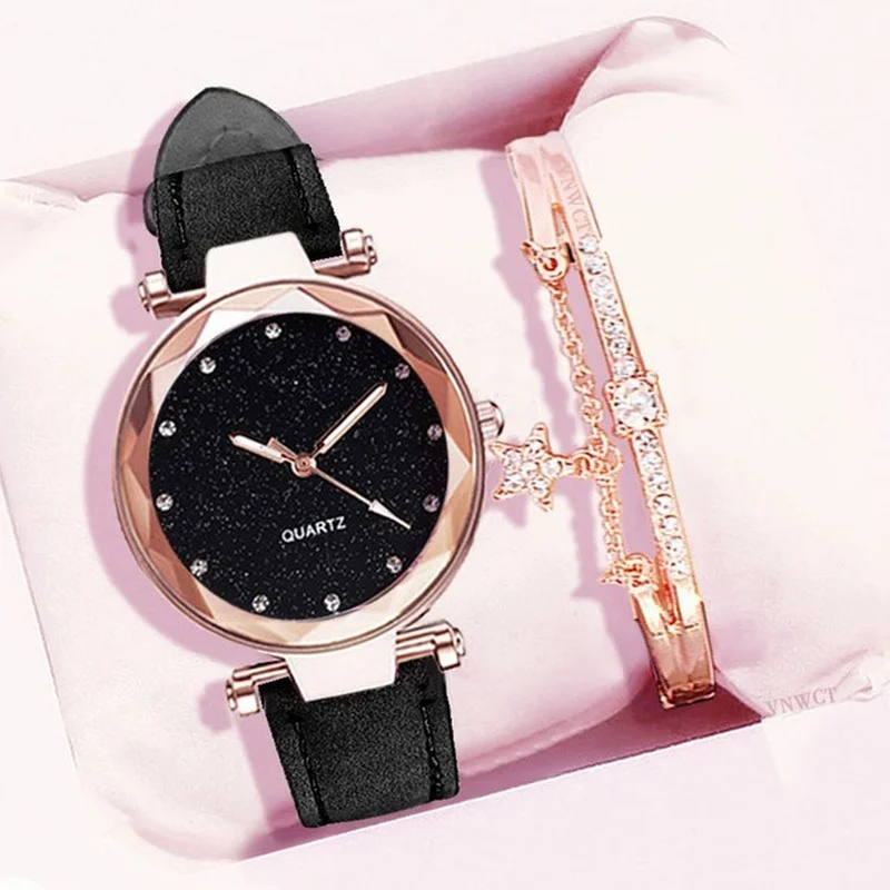 Reloj de pulsera con diamantes de imitación para mujer, accesorio romántico con cielo estrellado, de cuero, a la moda