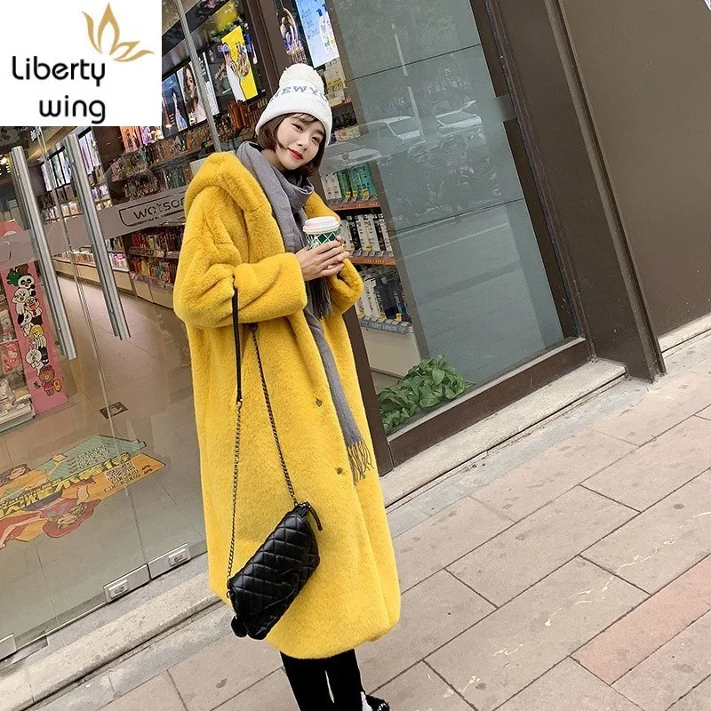 

Brand New Winter Medium Length Womens Hooded Overcoats Harajuku Long Sleeve Single Breasted Female Warm Thick Faux Fur Coats