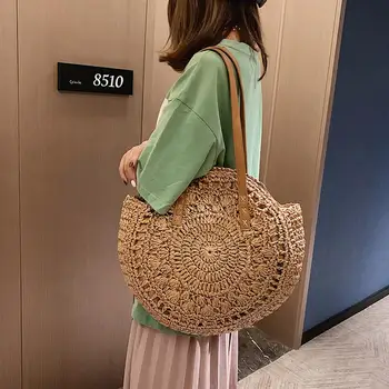 

Women Straw Beach Handbag Shoulder Bag Bohemian Summer Handmade Woven Round for Travel Shopping Female Tote Rattan Wicker Bags