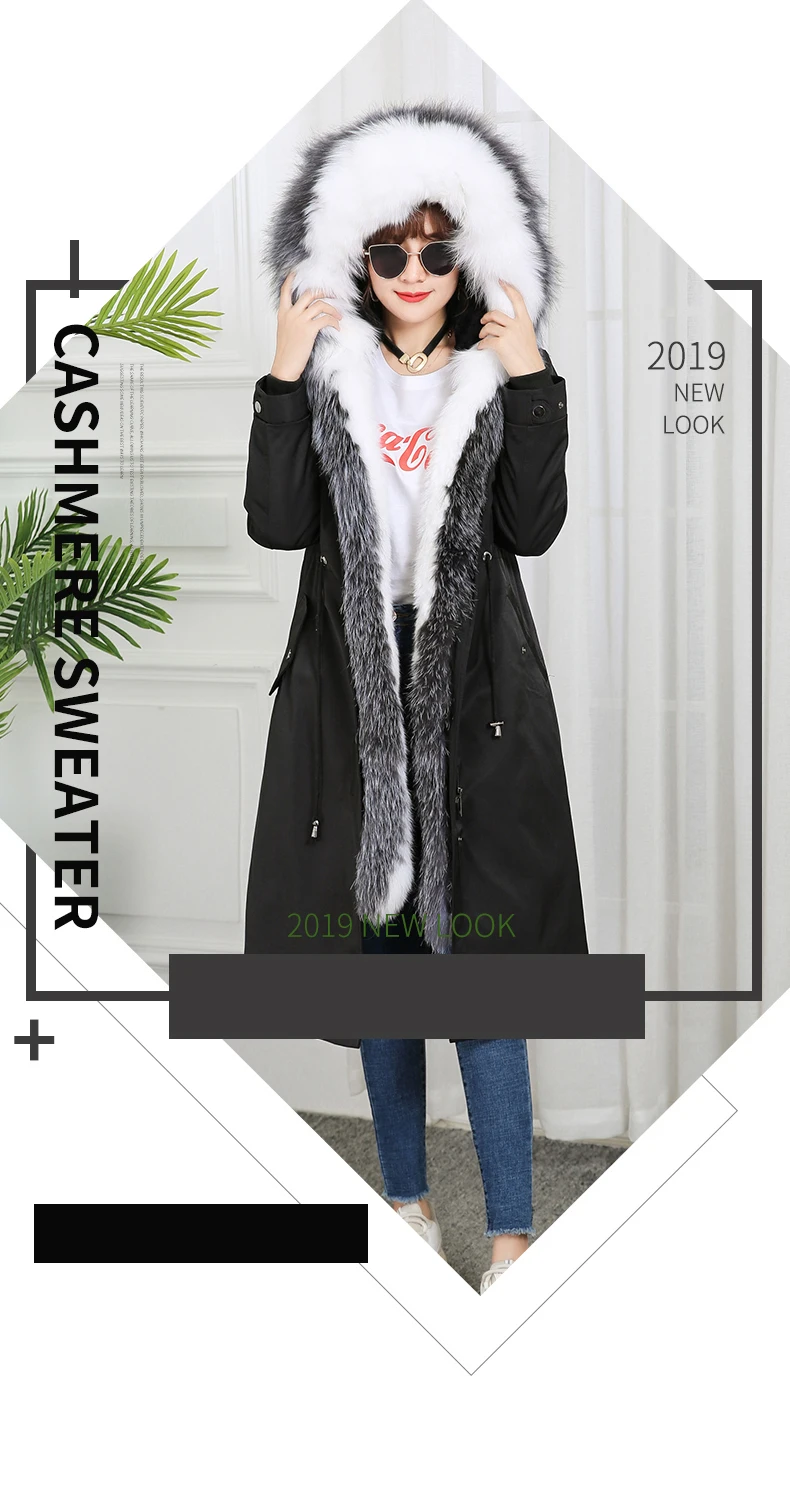 Fur Parkas Highstreet Real Fox Fur Collar Plocket Hooded Rabbit Fur Lining Long Coat Women Winter Casual Solid Warm Outwear