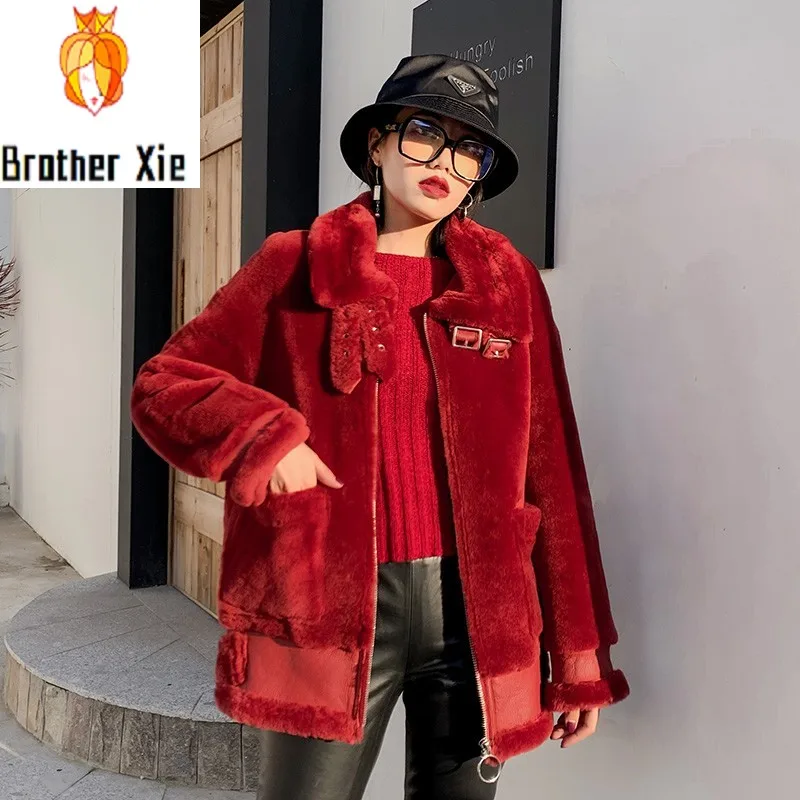 

Winter Women Real Fur Jacket Warm Loose Fit Natural Wool Shearling Genuine Leather Jacket Biker Coat Windproof Overcaot
