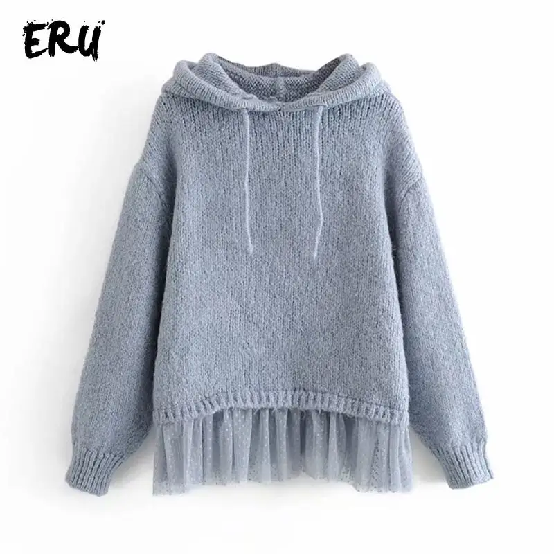 ERU blue Повседневная зимняя женская толстовка с капюшоном и длинным рукавом, большие размеры, толстовки, вязаные теплые женские свитшоты - Цвет: Blue