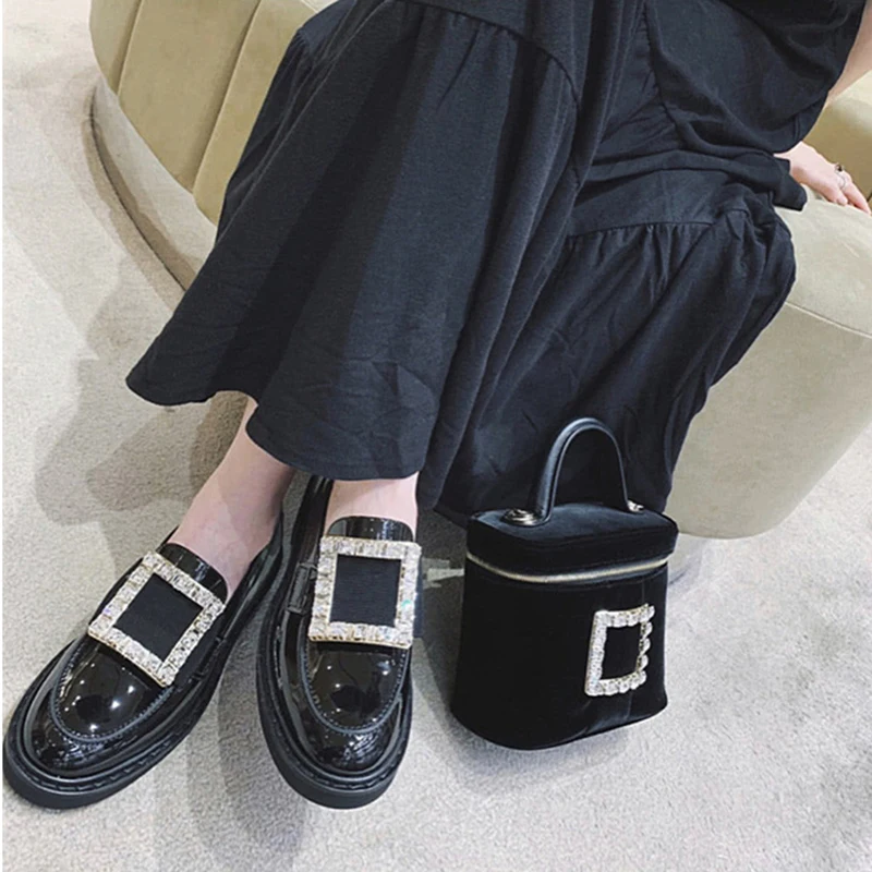 Japanned leather oxfords shoes woman metal crystal buckle flats creepers slip-on round toe loafers casual solid shine moccasins women oxford shoes