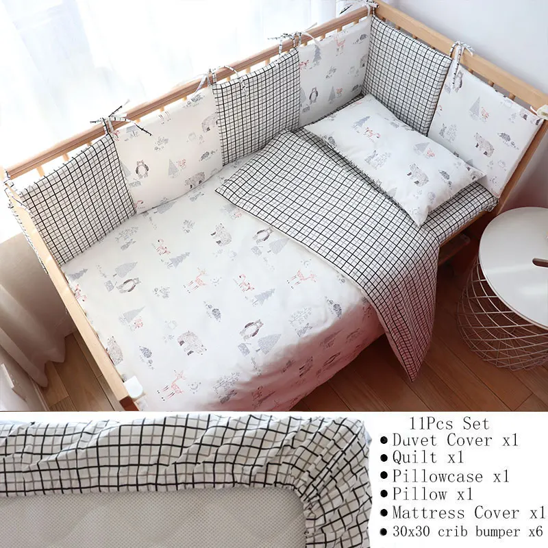 ForestBear11 Cover Baby Bedding Set For Boy Girl Nordic Cotton Baby Bed Linen For Newborns Kids Crib Bedding With Bumper Cot Kit Allow Custom Size - Цвет: ForestBear11 Cover