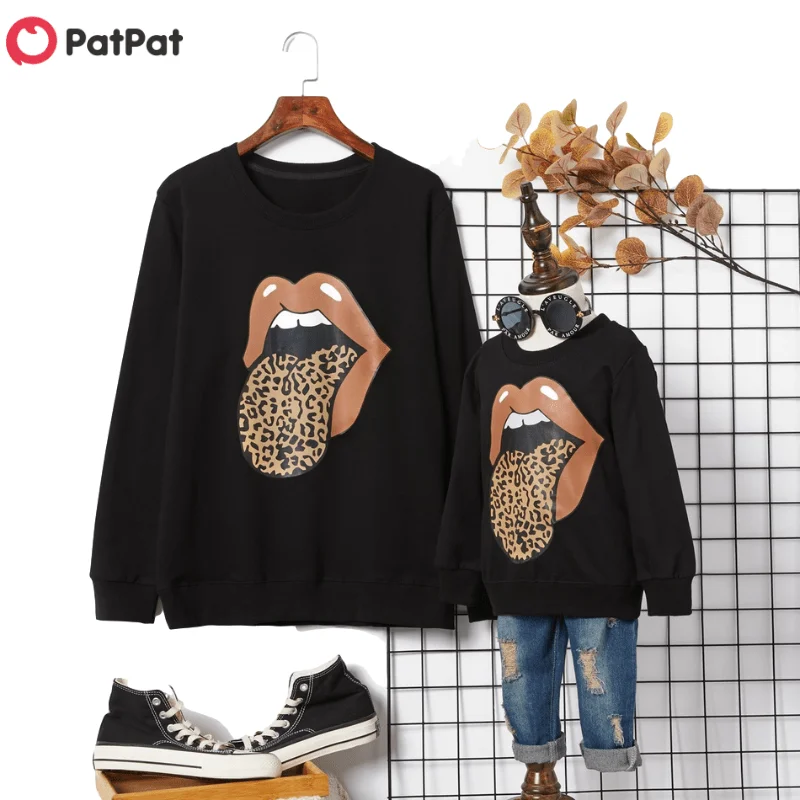 Lowered PatPat 2020 New Spring and Autumn Leopard Print Tongue Pattern Black Cotton Sweatshirts Erb1ejRp5qa