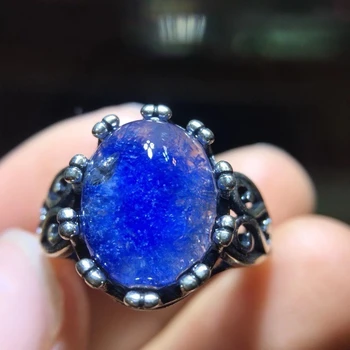 

Genuine Natural Blue Dumortierite Rutilated Quartz Crystal Silver Adjustable Ring 13.1/10.5mm Woman Stone Rings Jewelry AAAAA