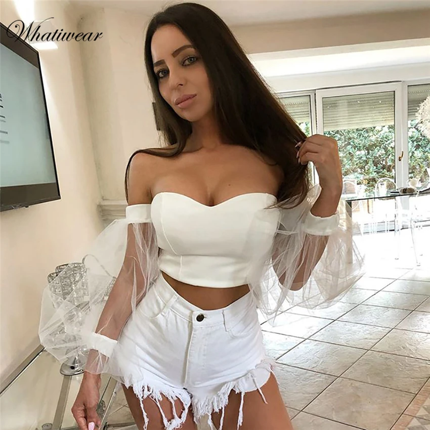 Whatiwear Летняя женская сексуальная блуза с пышными рукавами и открытыми плечами, Сетчатая футболка, уличная одежда кроп-топ, женская блуза