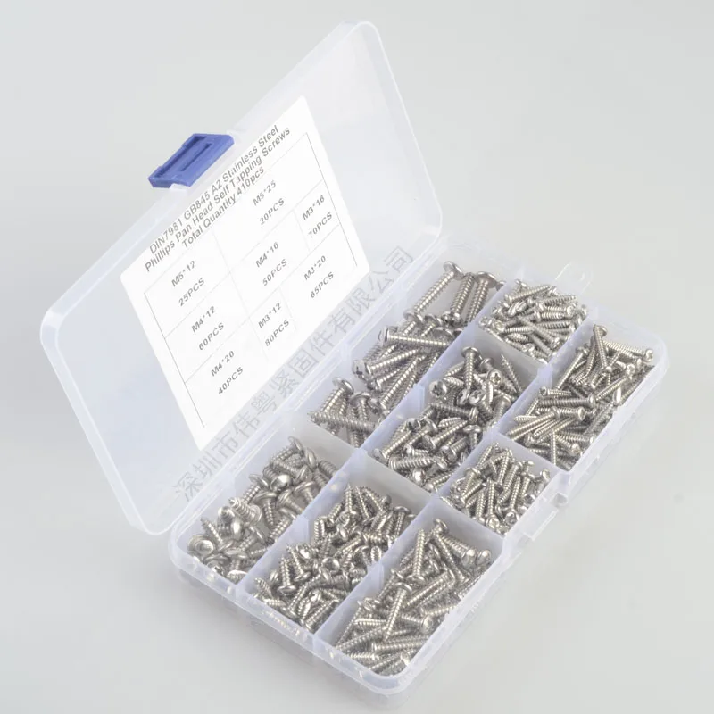 Free shipping 410 pcs 304 stainless steel m3 /4/5 cross countersunk flat head self tapping screw sets