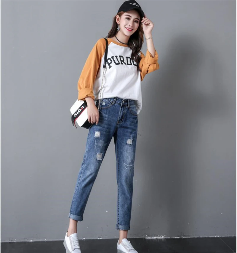 Hole Dark Blue SZMALL, новинка, узкие джинсы-карандаш с высокой талией для женщин, повседневные длинные брюки с дырками, женские джинсы с царапинами - Цвет: Hole Dark Blue