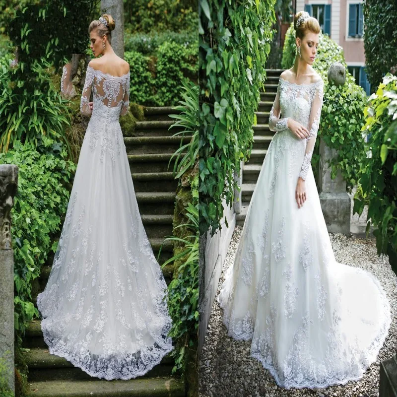 Vestido de noiva, вырез лодочкой, с открытыми плечами, длинный рукав, Кружевная аппликация, хиппи, свадебное платье, платья для матери невесты