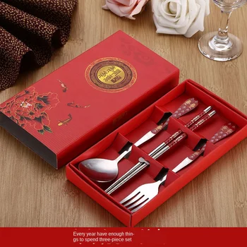 

Blue And White Porcelain Tableware Set Three-piece Set Stainless Steel Chopsticks Spoon Fork Gift Box Set Gift Three-piece Set