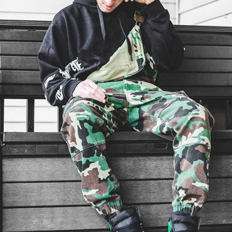 HEFLASHOR/джинсы с одним плечом; Pantalones Hombre; джинсовые комбинезоны с камуфляжным принтом; узкие комбинезоны на бретелях; повседневные потертые брюки