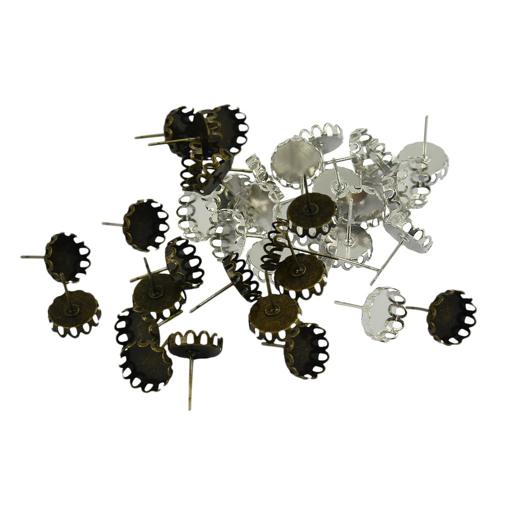 40Pcs 10mm Filigree Cabochon Ear Studs Blank Bezel Setting silver color & Bronze